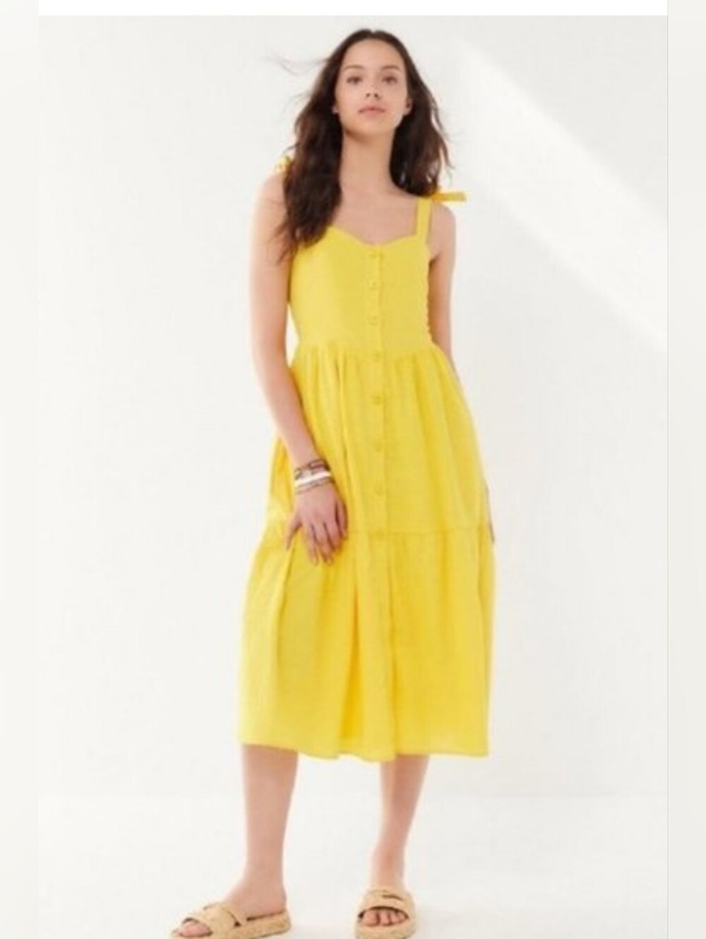 Urban Outfitters Positano Yellow Tie-Shoulder Button-Front Sundress Size Medium